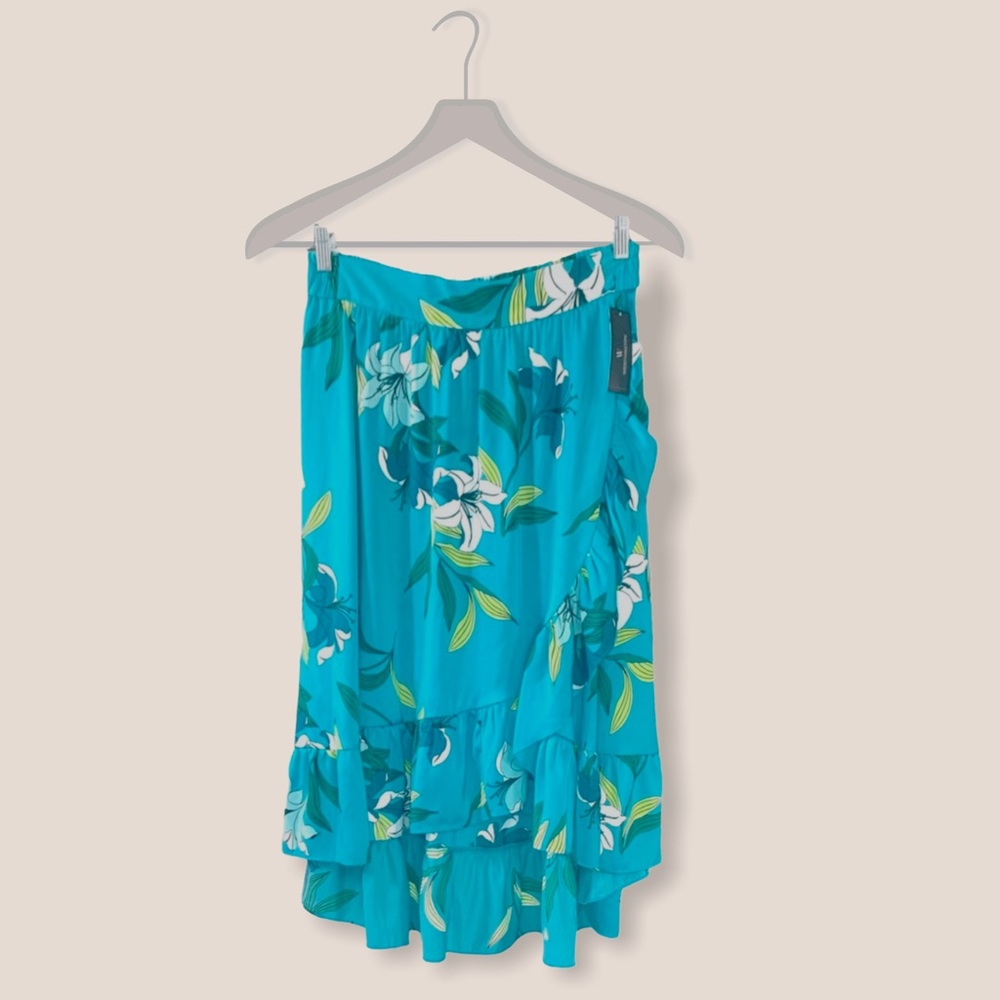 Worthington Turquoise Floral Ruffle Hi-Low Skirt L